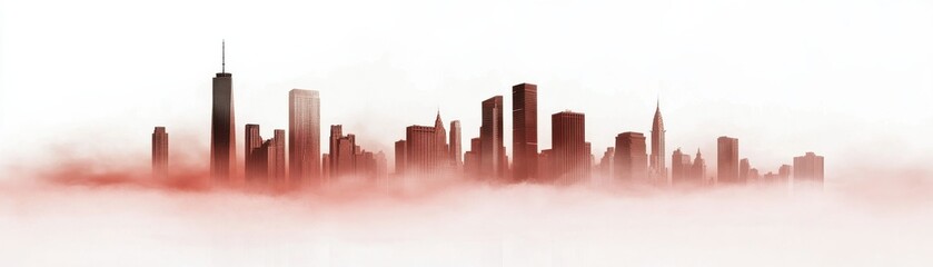 Fototapeta premium Silhouette of a modern skyline against a foggy background, showcasing urban architecture and city life.