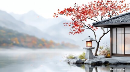 Autumnal Serenity A Traditional Japanese Temple Nestled by a Tranquil Lake Amidst Vibrant Foliage