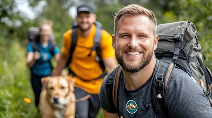 Adventurous hikers traversing a scenic mountain trail surrounded by lush greenery with a loyal canine companion by their side  The image captures the spirit of the bond between humans and nature