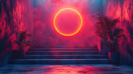 Innovative design with abstract geometric shapes and vibrant neon lights representing progress.