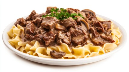 A plate of tender beef stroganoff served over a bed of egg noodles, Each bite filled with succulent beef strips in a creamy mushroom sauce