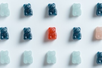 Red gummy bear standing out in a crowd of blue and green gummy bears