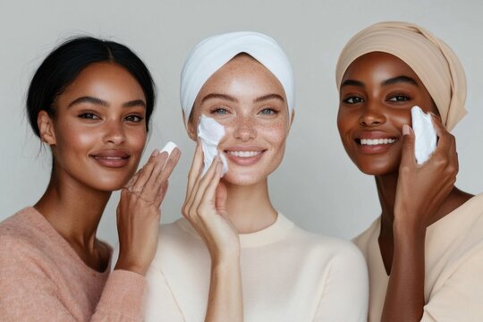 Three diverse women applying beauty treatment on their faces
