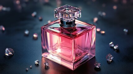 A glass perfume bottle with the pink color and square shape body on a black background. High resolution photography.