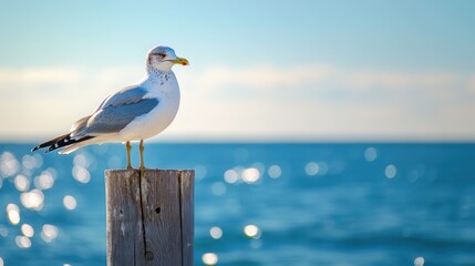 Seagull perched on wooden post with the blue sky and sea background.