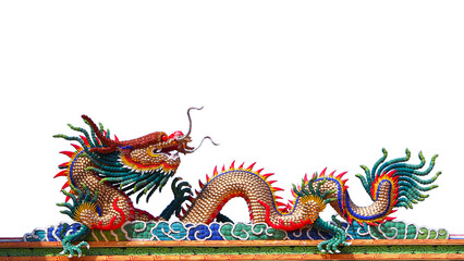 Colorful Chinese Dragon Statue with Intricate Details on Temple Roof Against White Background