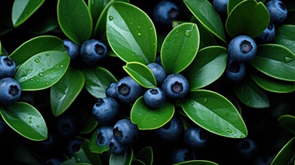 Close up photo of blueberries with the dark green leaves. Flat lay natural background style.