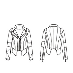 Women's biker jacket with dual lapel collar and zip placket, detachable hem, line art, flat sketch. Suitable for your biker jacket, editable color, and stroke. Isolated on a white background © Arfa Yudha