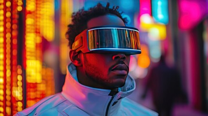 Photo of American man wearing futuristic visor and jacket with the neon light and colorful background.