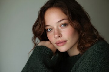 Portrait of attractive young woman with freckles wearing green sweater