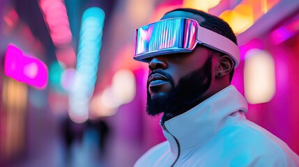 Photo of American man wearing futuristic visor and jacket with the neon light and colorful background.