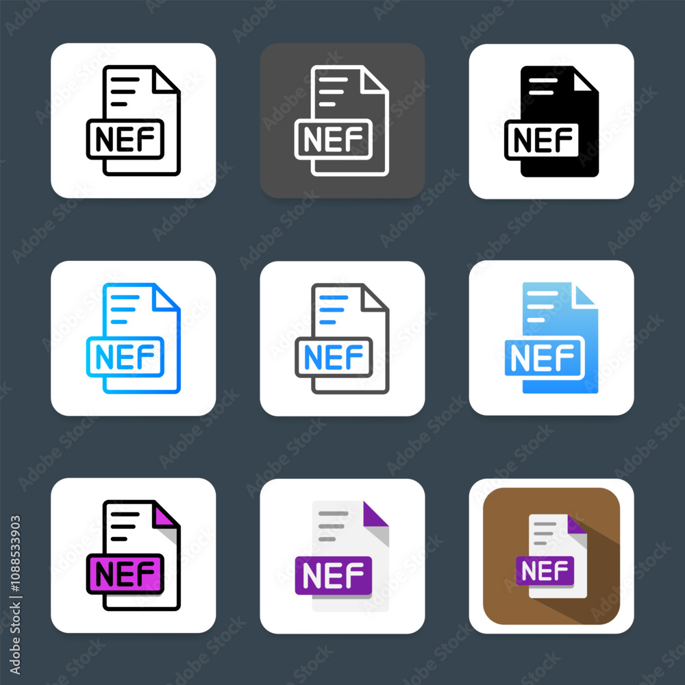 Poster Set nef of colorful document icons with specific file formats