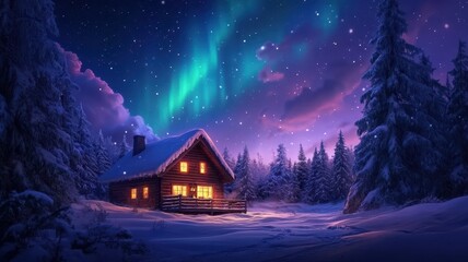 Fototapeta premium Romantic Winter Wonderland: A Cozy Snowy Cabin Embraced by Nature's Serene Beauty