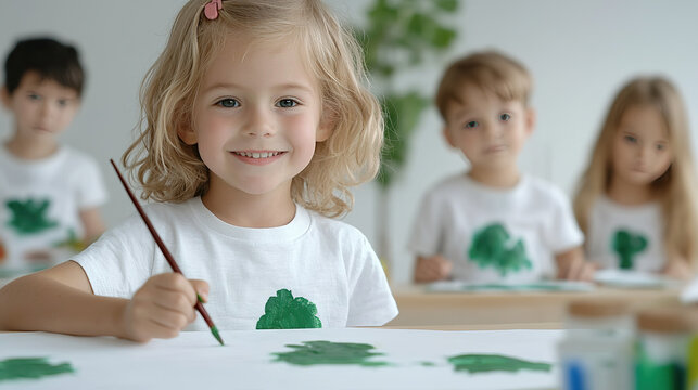 Smiling Child Painting in Eco-Friendly Art Class