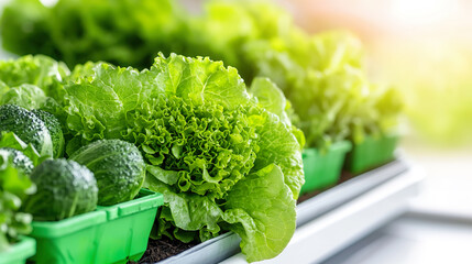 Fresh green lettuce and cucumbers in plastic containers on bright kitchen counter