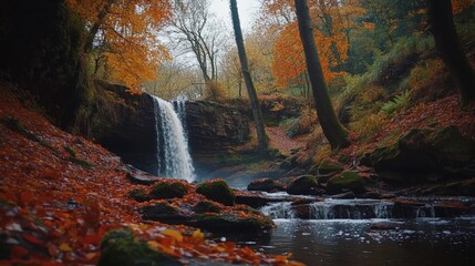 Fototapeta premium Beautiful autumn waterfall surrounded by colorful trees and serene nature. A peaceful spot for relaxation and reflection in the woods.