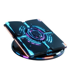 A futuristic device featuring glowing circular patterns and vibrant lines, showcasing advanced technology and design.