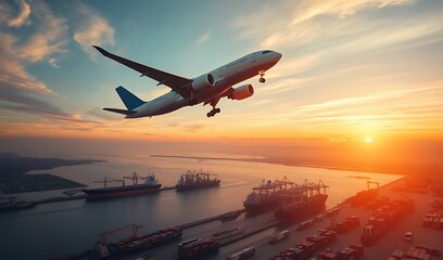 Airplane Approaching Coastal City at Sunset: Global Trade and Transportation. AI Generated