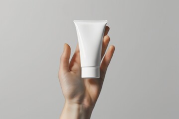 Feminine hand gently holds a small, white, unlabeled cosmetic tube against a neutral gray background.