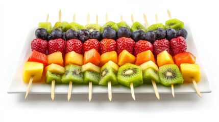 A platter of colorful fruit skewers, Each skewer adorned with a variety of fresh fruits, Set against an isolated white background to highlight their vibrant colors and refreshing appeal 