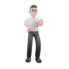 Producer Character in 3D. A male producer stands with both hands holding a film photo, a wide smiling expression Film Style