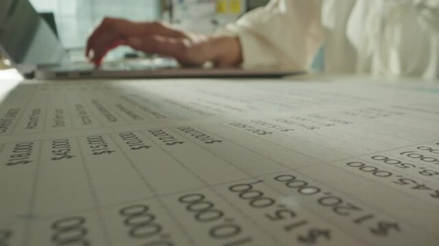 Macro close up of accountant woman working with laptop computer analyzing financial report and data statistics documet in office. Unrecognizable businesswoman checking company balance sheet statement.