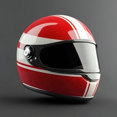 A retro red and white motorcycle helmet with stripes