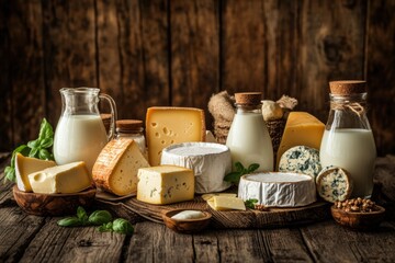 A rustic wooden table showcases a variety of dairy products, including milk, cheese, and butter, inviting a taste of homemade goodness. Generative AI