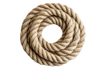 Top view of a battle rope coiled in a circle, isolated on white background