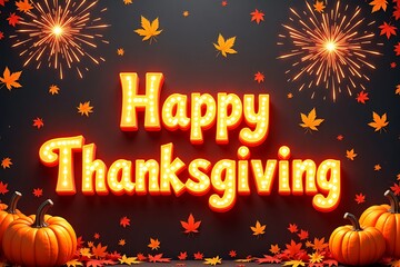 Happy Thanksgiving neon banner with festive pumpkins, autumn leaves, and vibrant fireworks background.

