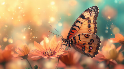 Obraz premium Beautiful orange butterfly with colorful wings, perched on a yellow flower in a vibrant garden
