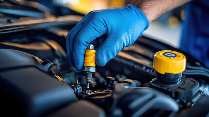 Mechanic wearing gloves, replacing spark plugs on a modern engine