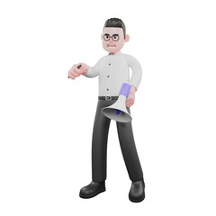 3D Movie Scene Producer. A male producer sits on a blue chair with his left leg bent over his right leg while his left hand holds a loudspeaker. his head lowered. Cartoon 3D Model