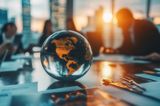 Corporate strategists presenting opportunities amidst global risks, interactive tools emphasizing solutions