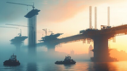 Obraz premium modern bridge construction over water, impressive engineering, cranes and work in progress