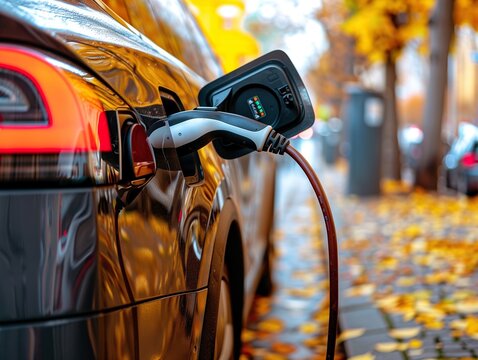 Electric Vehicle Charging Autumn Street Scene Sustainable TranA dark colored Electric Vehicle is charging on a city street strewn with autumn leaves.