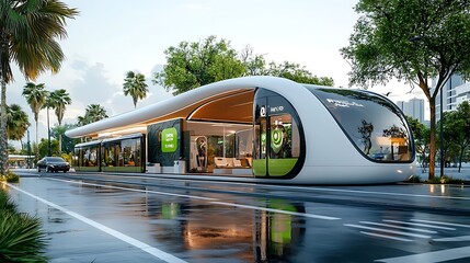 Futuristic green public transportation hub with sustainable design and renewable energy technologies in a modern city landscape featuring glass and steel architecture palm trees