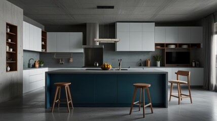 Here's a  and keyword list for your image.. Modern kitchen with teal island, concrete walls, and wooden stools.