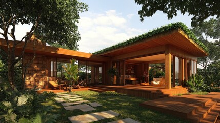 Fototapeta premium Modern wooden house with exposed beams, greenery on roof, open floor plan