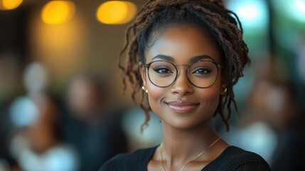 Fototapeta premium Professional African woman with a radiant smile engages attendees as she speaks at a business conference. With a blurred team in the backdrop, she embodies leadership and confidence