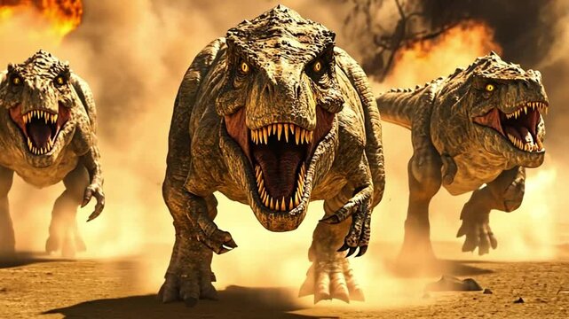 A group of roaring dinosaurs charging through a dusty landscape.