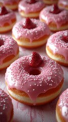 Close-up view of delectable pink donuts with strawberry toppings.  A delightful array of sweet treats, perfect for a sweet craving.  A delightful display of pink glazed donuts.
