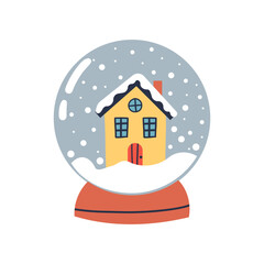 Glass snow globe Christmas decorative design. Podium under transparent glass dome with white snowdrift . Xmas round scene. Stand for Promotion Product cozy winter element .