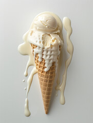 A waffle cone overflowing with two melting scoops of vanilla ice cream. Creamy drips cascade onto a white background