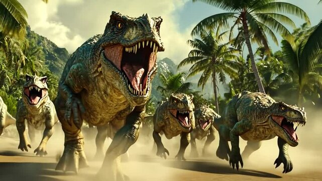 A group of roaring dinosaurs charging through a tropical landscape.