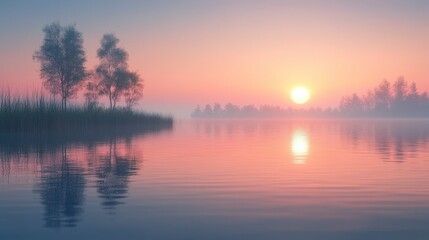 Obraz premium Misty Sunrise Over a Calm River