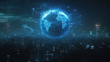 Obraz premium Blue digital globe surrounded by lines of data planet earth, Technology network planet