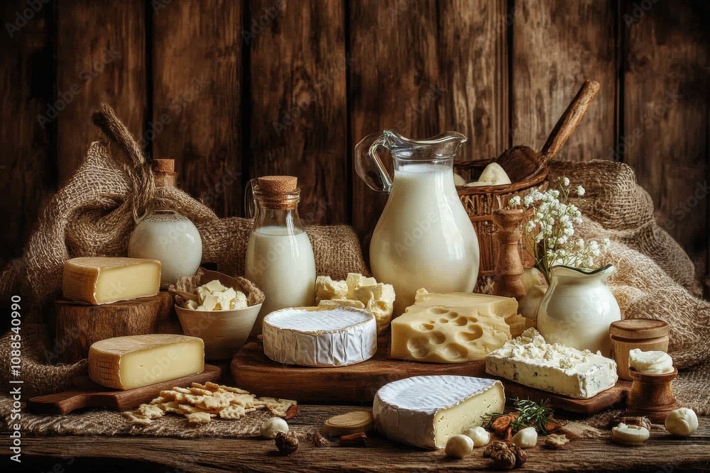 Poster a variety of dairy products such as milk, cheese, and butter are beautifully arranged on a rustic wo