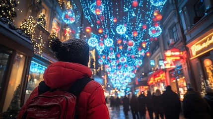 Fototapeta premium A person gazes at colorful Christmas lights in a busy city street at night.