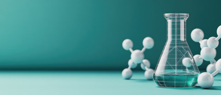 Scientific experiment in laboratory chemistry flask molecular structure modern setting close-up view innovation exploration